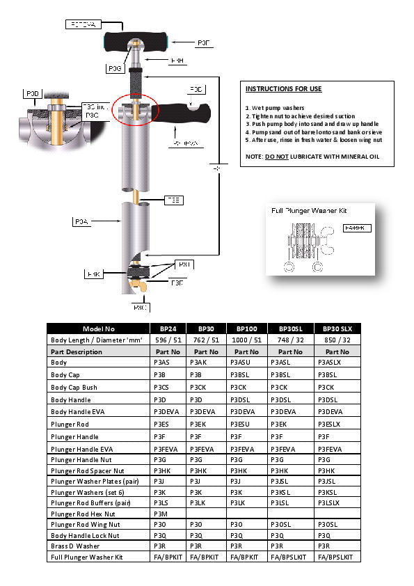 Slim Line Bait Pump Parts List  32mm OD